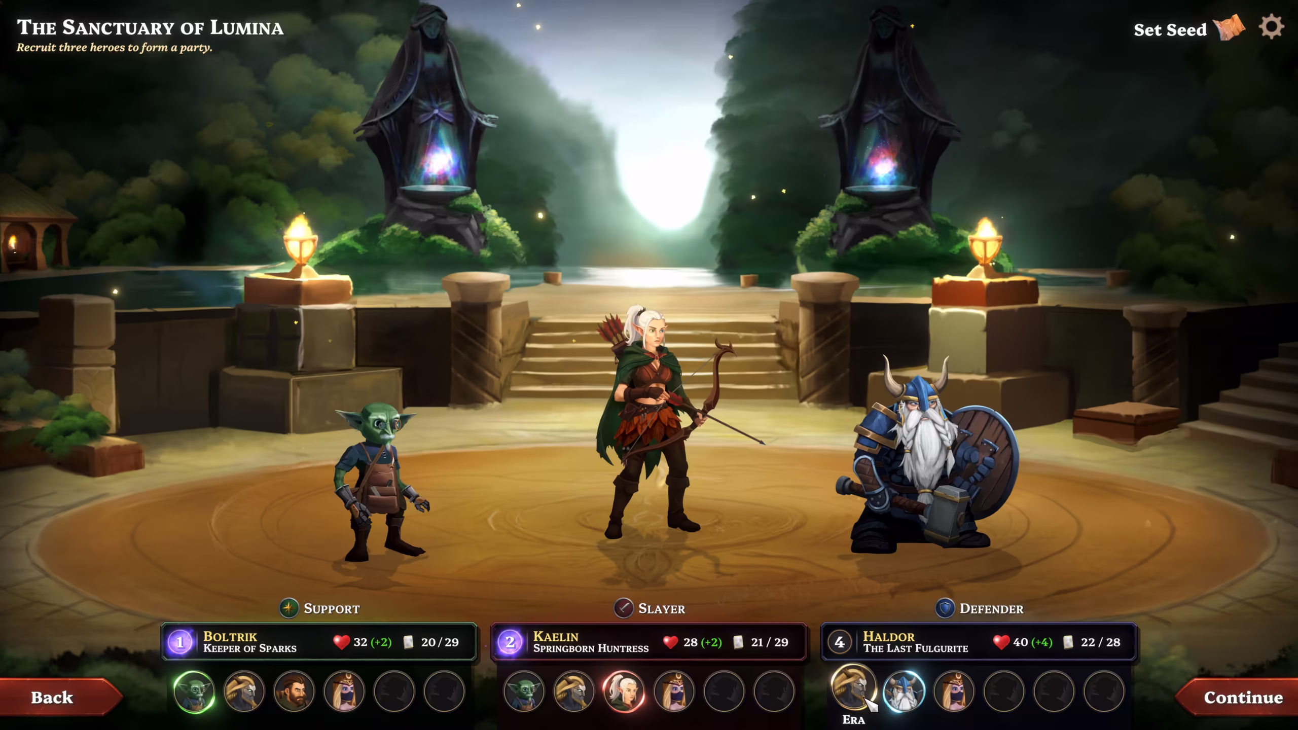 Screenshot of Northanda Chronicles role-based deckbuilding party selection gameplay